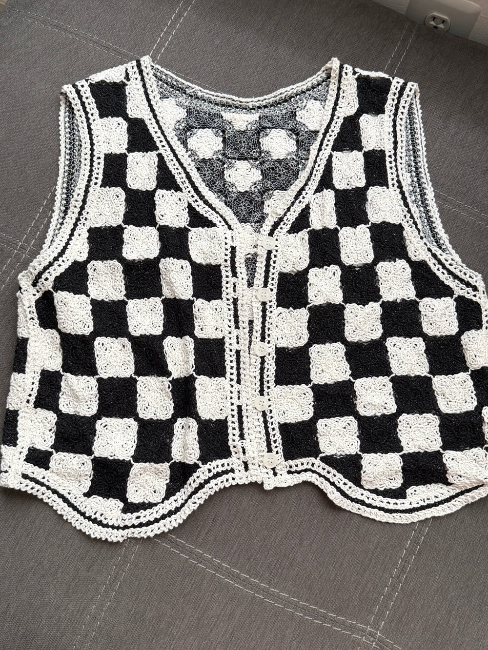 Handmade Crochet Checkerboard Vest in Black & White